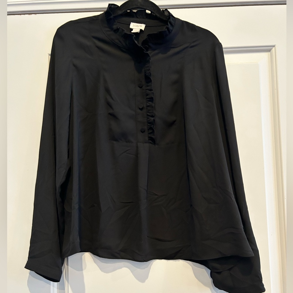 J. Crew Factory Long Sleeve Ruffle Detail Top in Black Size 12